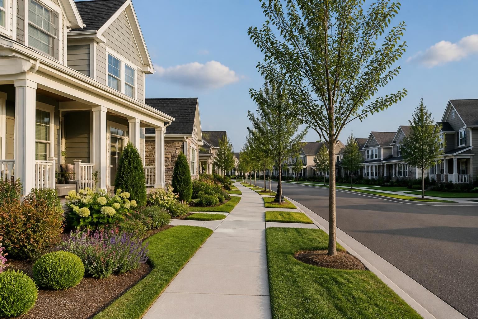 Planned-community street with attractive homes and sidewalks