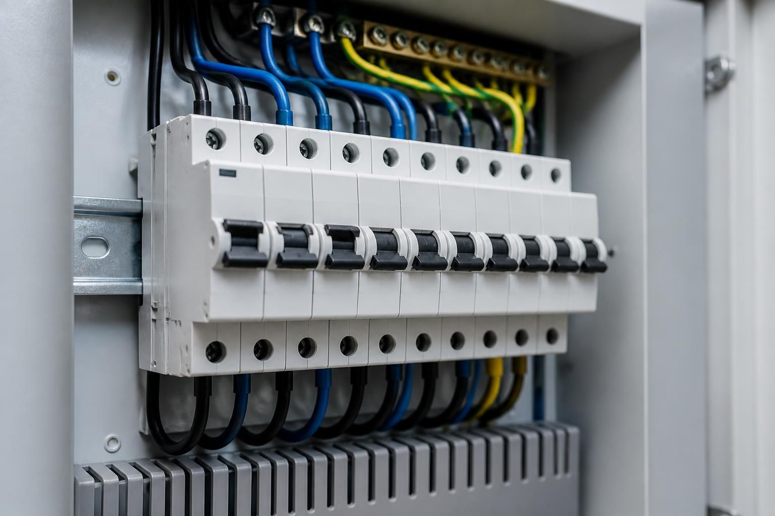Newly installed circuit breakers inside a clean panel