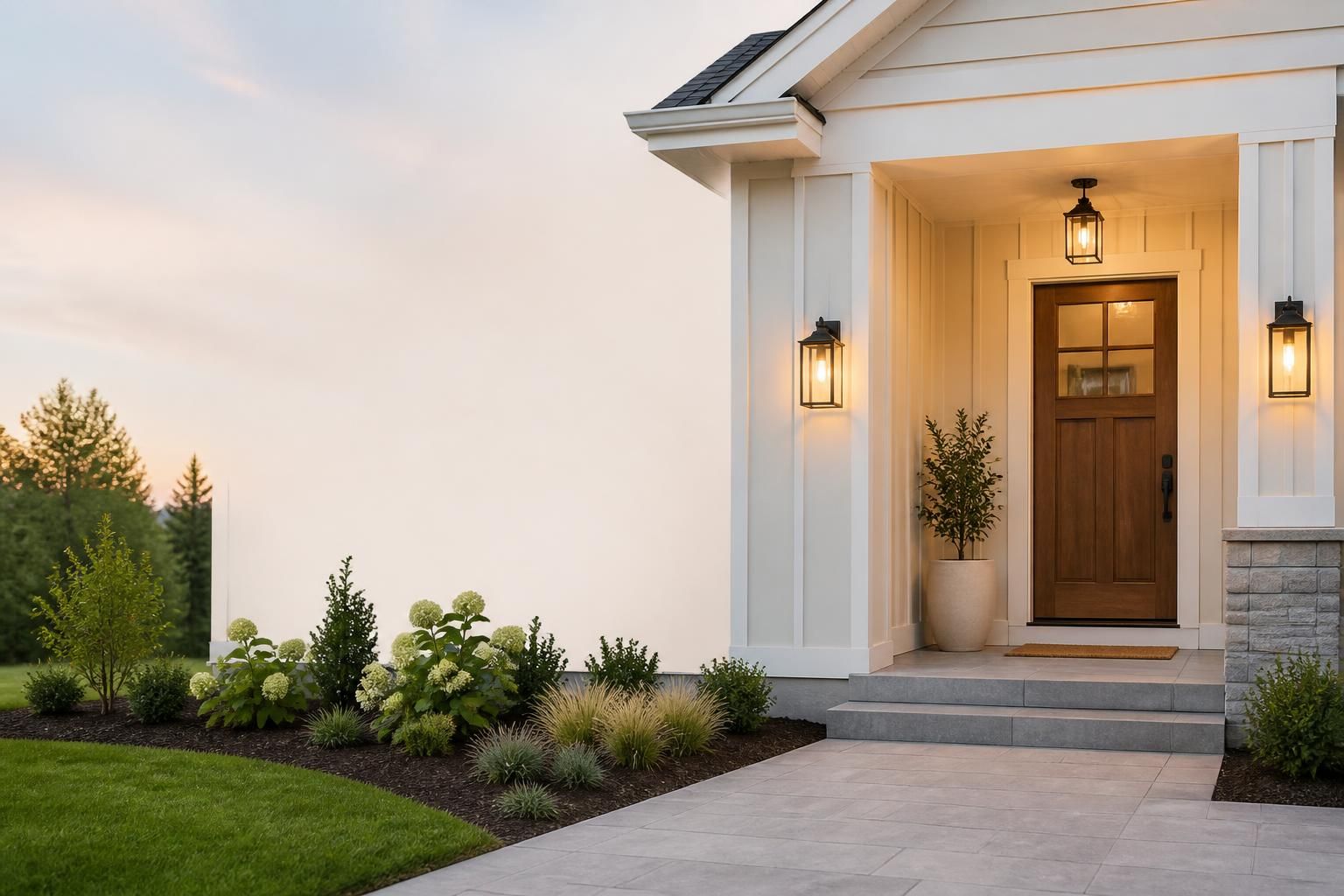 Bright home entryway with modern exterior lighting and open space