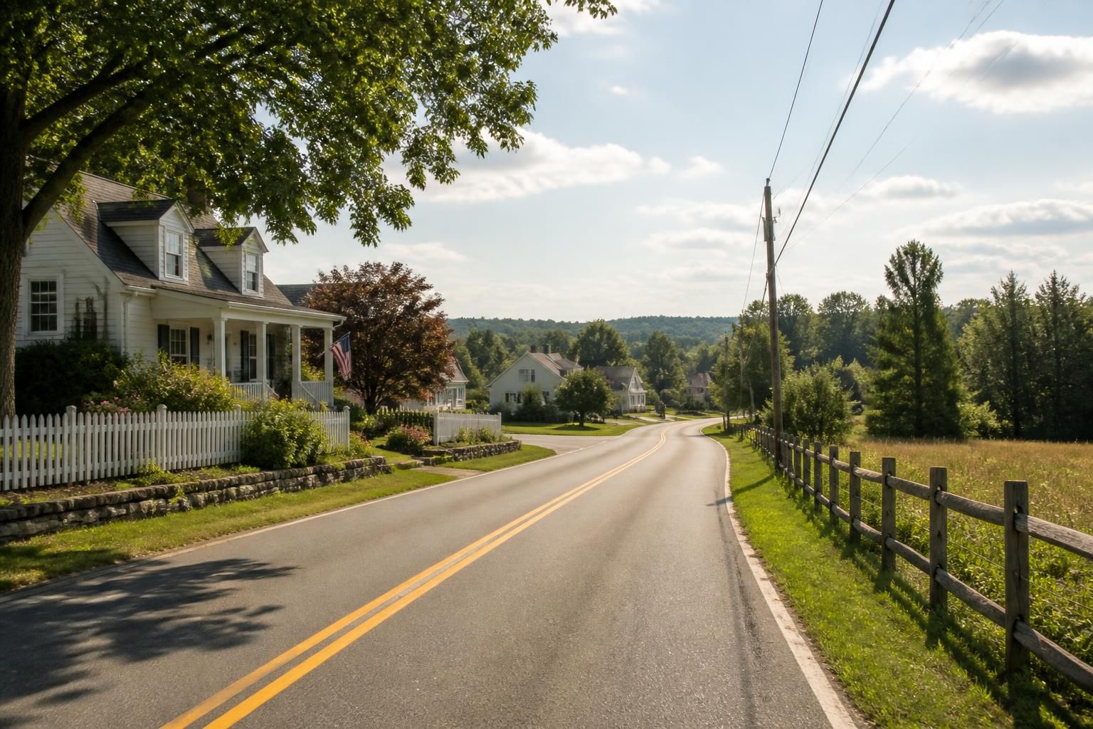 Calm rural-suburban road with tidy homes and open space