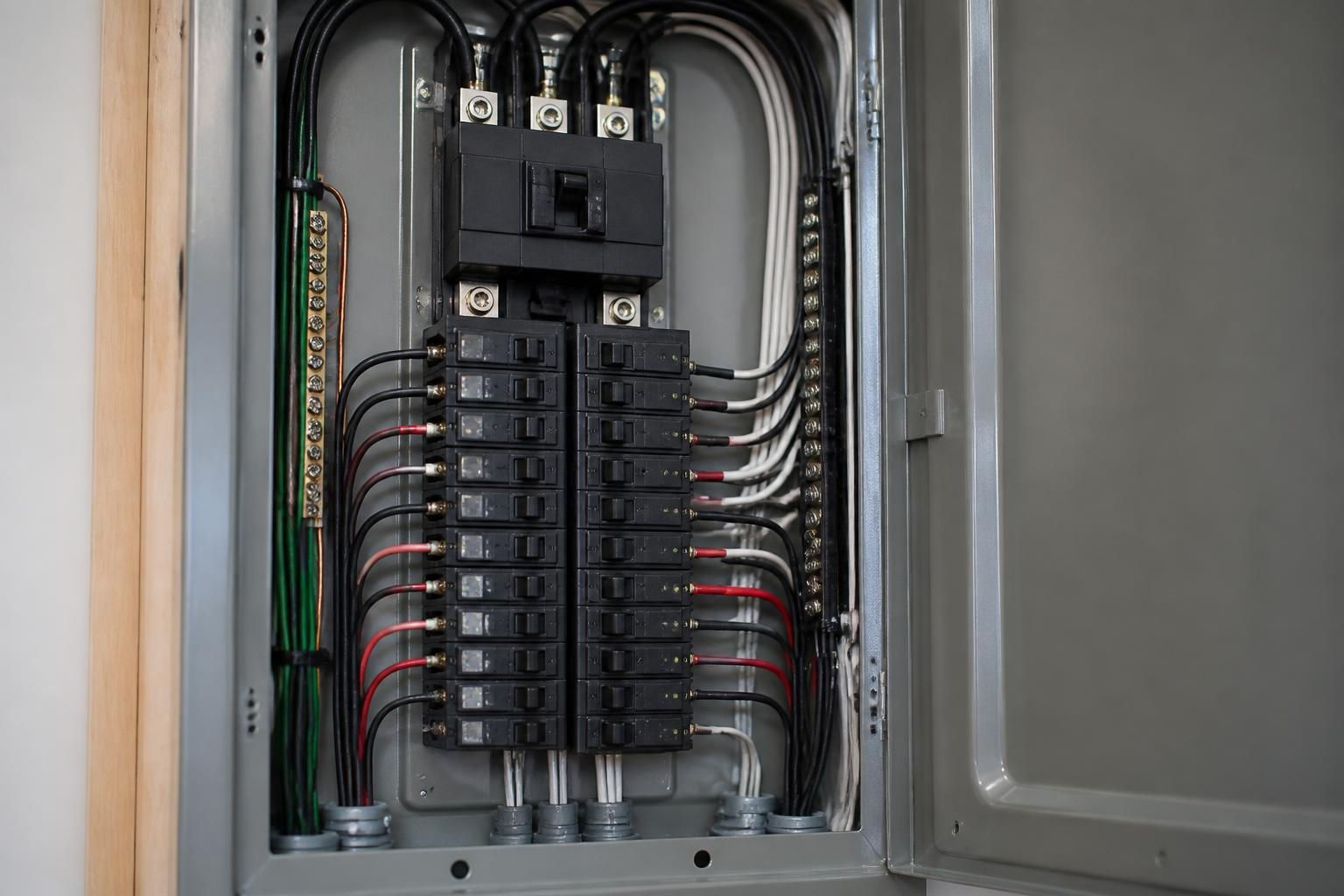 Upgraded modern electrical panel with clean wiring