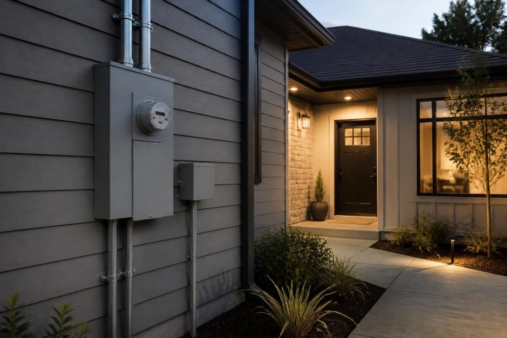 Modern home exterior with upgraded electrical lighting at dusk