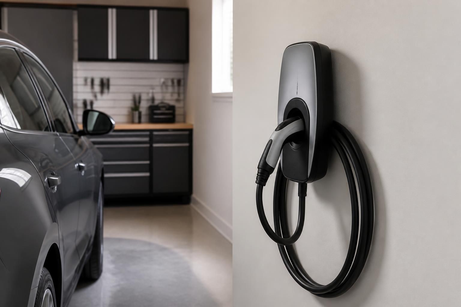 Mounted EV charger in a clean residential garage