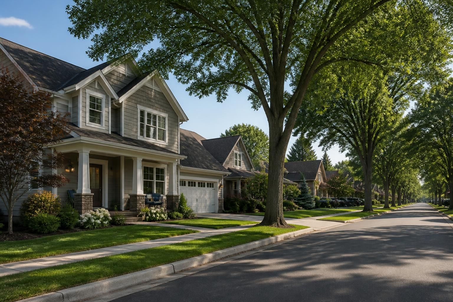 Suburban neighborhood street with well-kept homes and trees