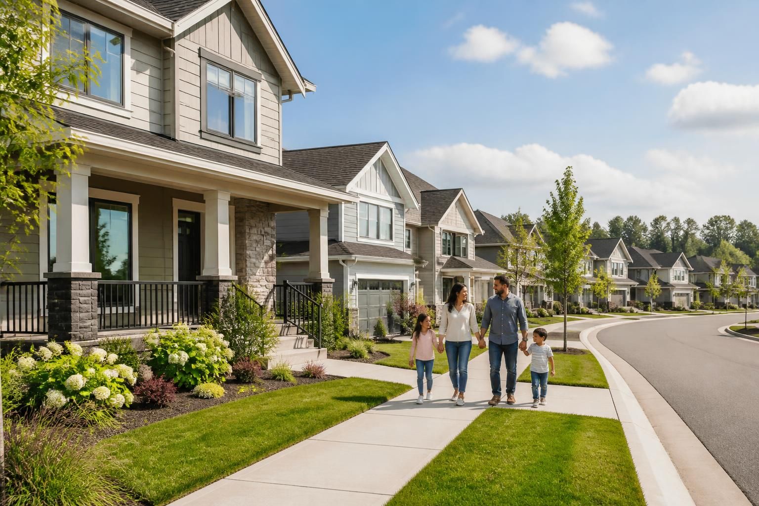 Modern suburban neighborhood with newer homes and manicured lawns