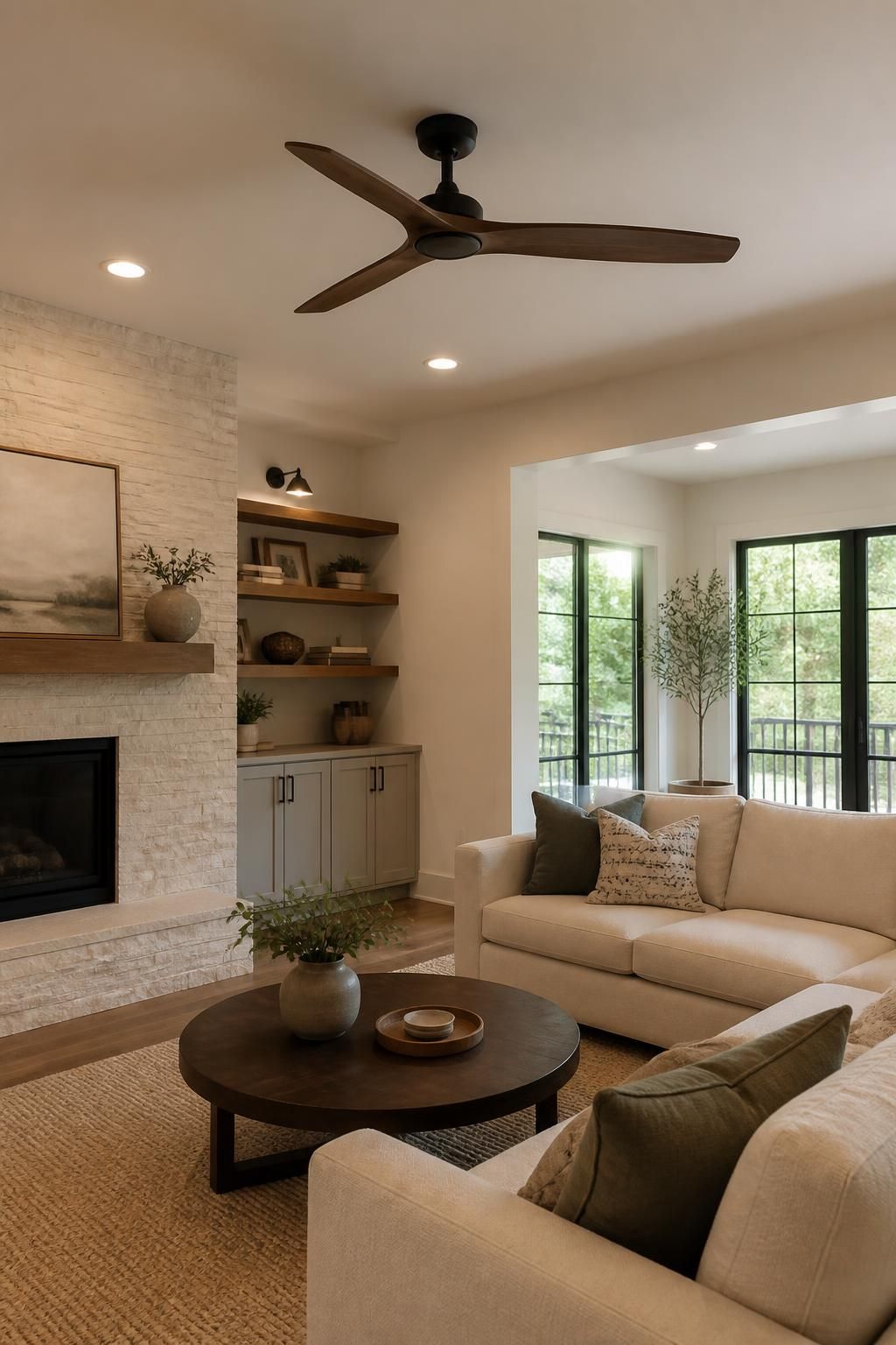 Finished living room with ceiling fan and warm recessed lighting