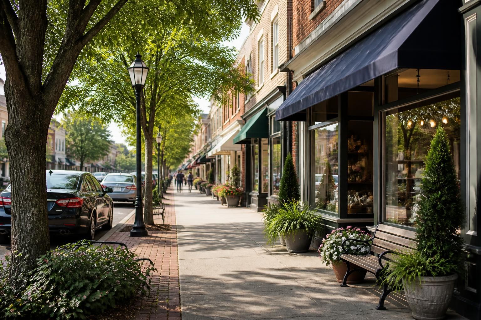 Small-town street with well-kept storefronts and trees