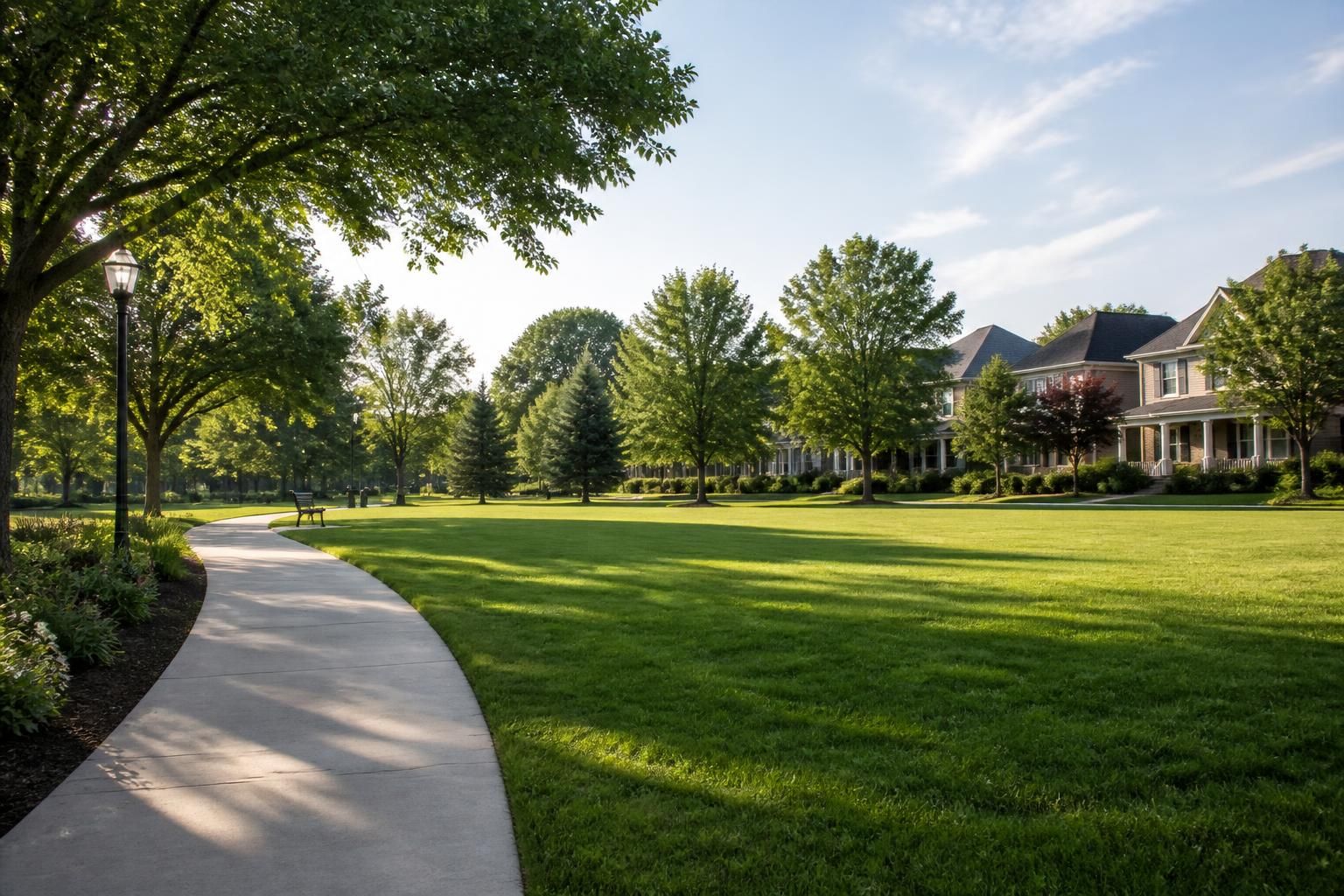Neighborhood park area with trees, green space, and nearby homes
