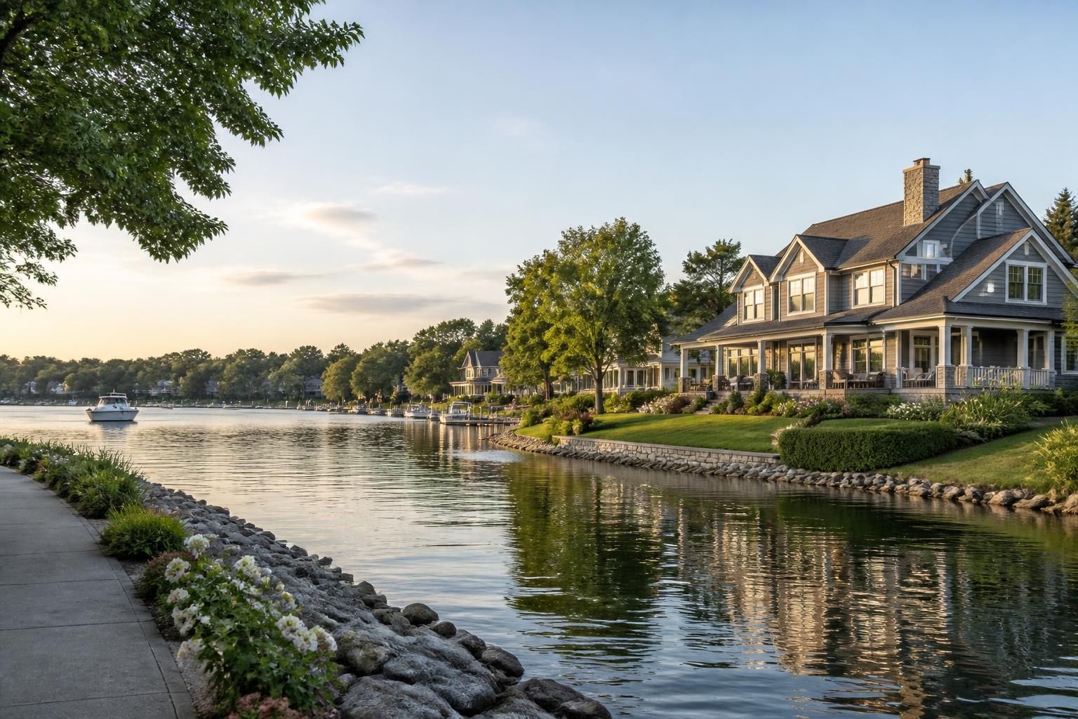 Riverside residential area with calm water and landscaped homes