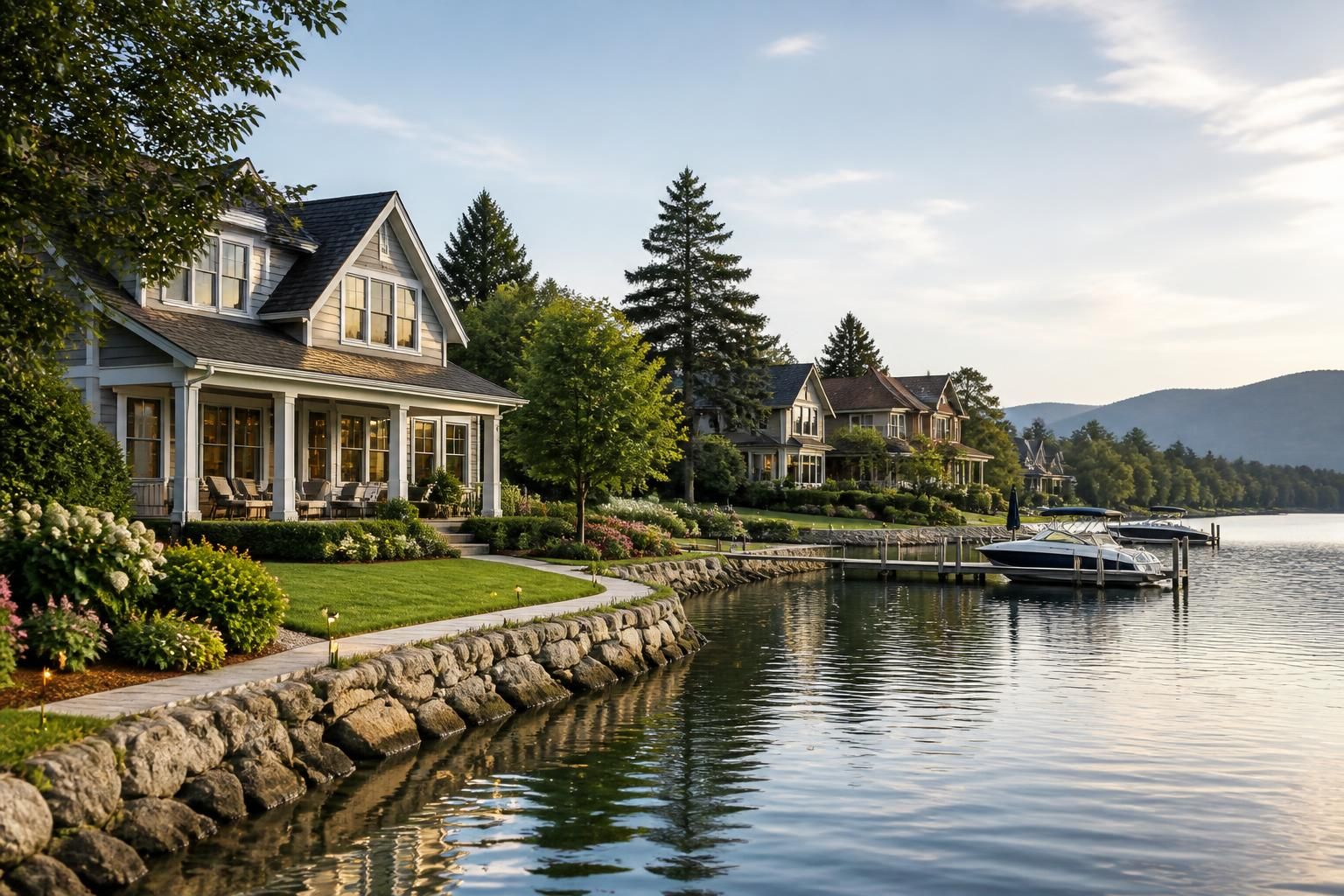 Lakeside neighborhood with homes and calm water