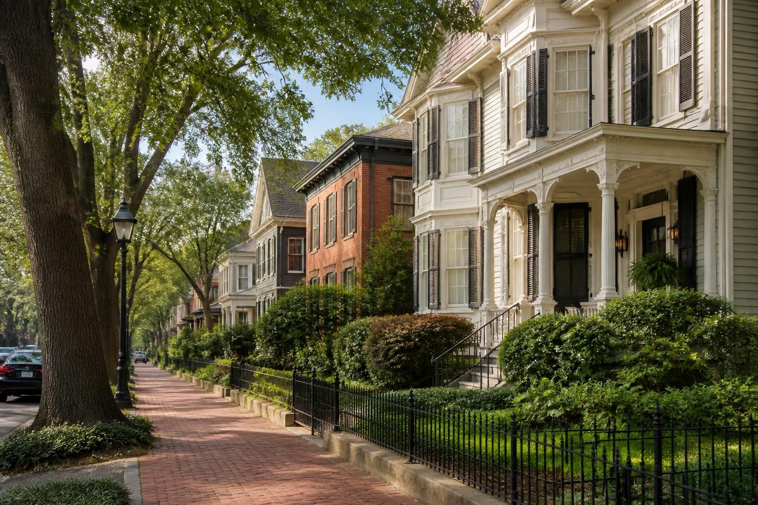 Historic-town neighborhood with charming homes and sidewalks